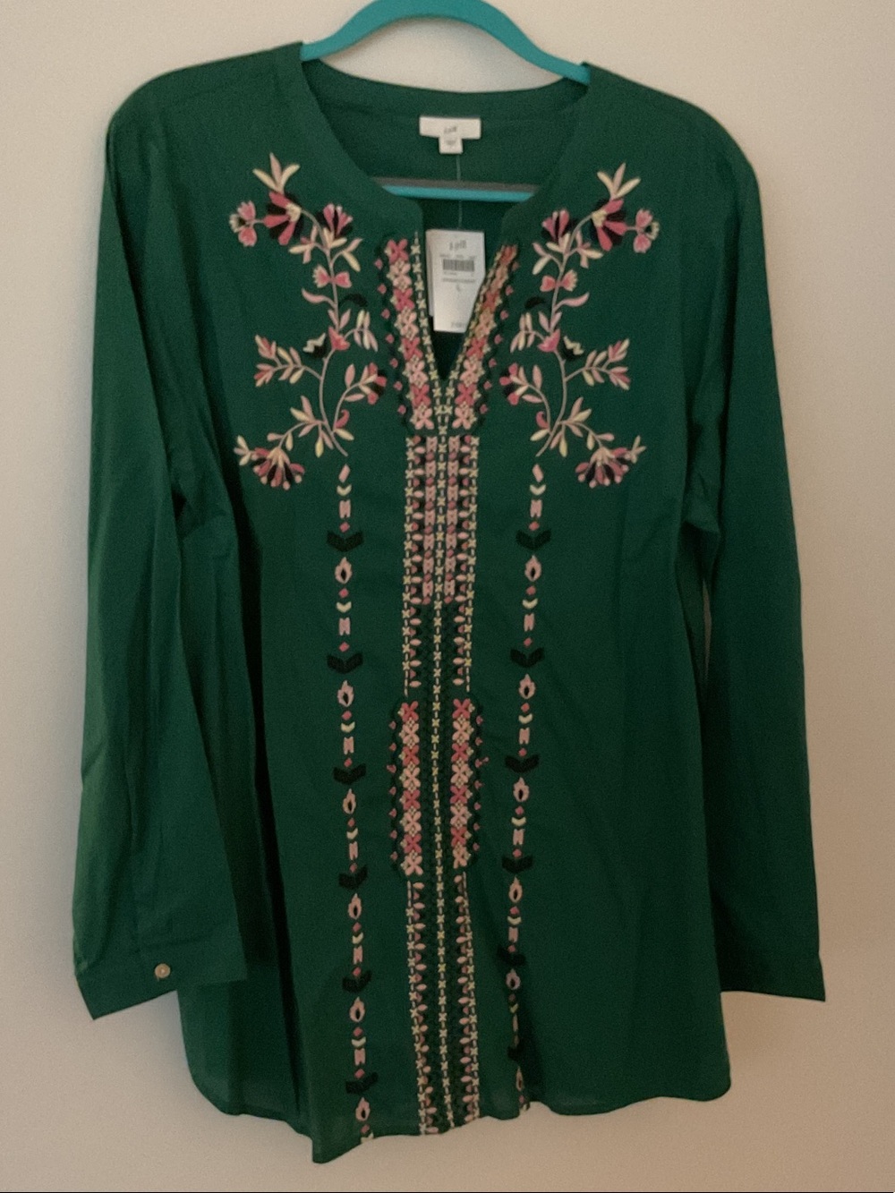 NWT J. Jill Emerald Green Embroidered Tunic with Pink Accents